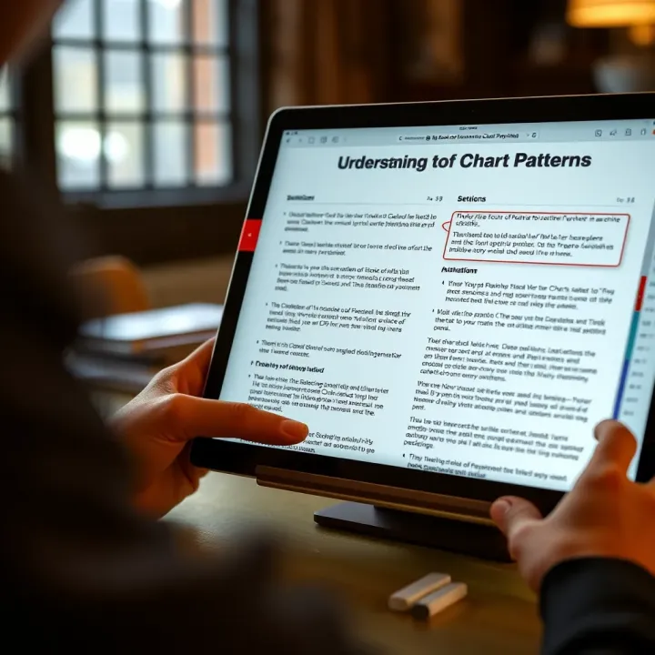 Guide to Accessing and Utilizing the Big Book of Chart Patterns PDF Screenshot of the Big Book of Chart Patterns PDF displayed on a digital device highlighting key sections and annotations
