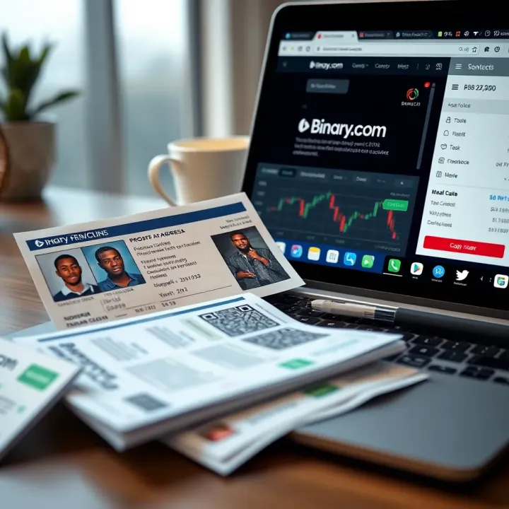 Required Verification Documents for Binary.com Account Activation in Nigeria Verification documents such as Nigerian ID and proof of address displayed beside a laptop with Binary.com dashboard