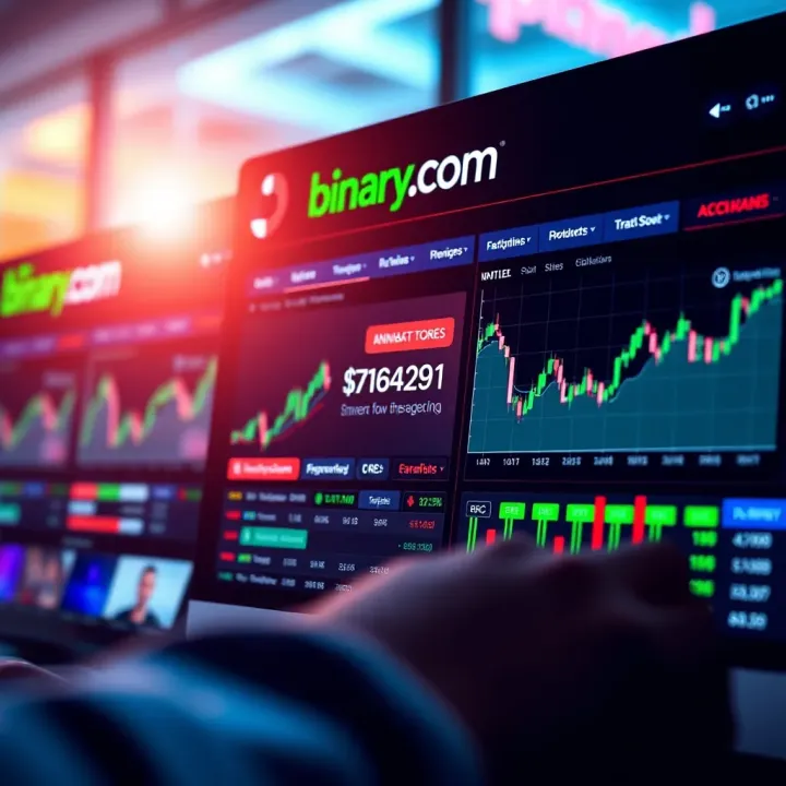 Dashboard view of Binary.com platform displaying trading options and user account management features
