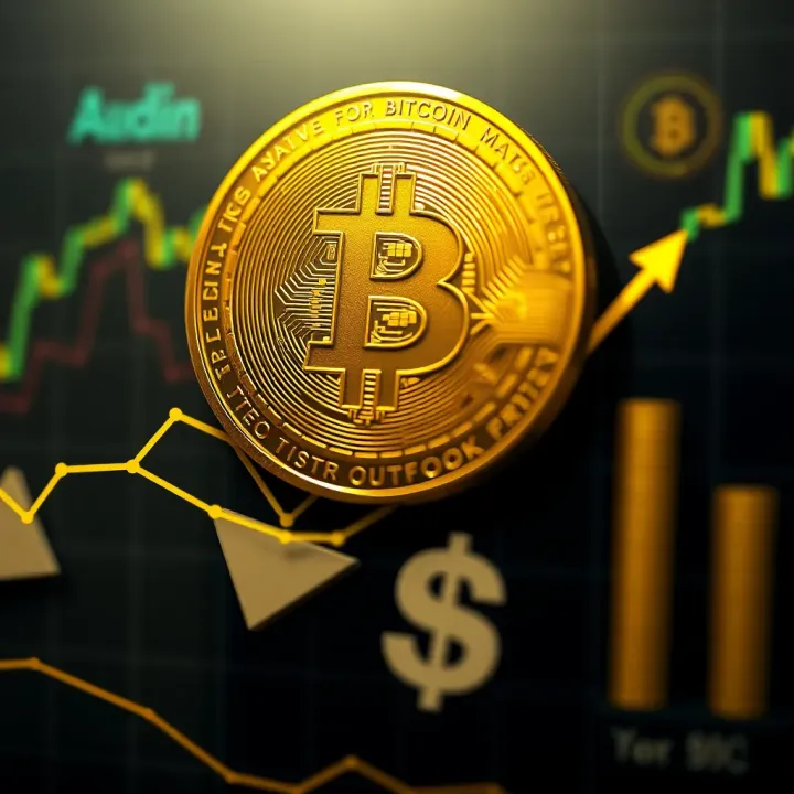 Digital representation of Bitcoin with upward trend lines and global financial icons