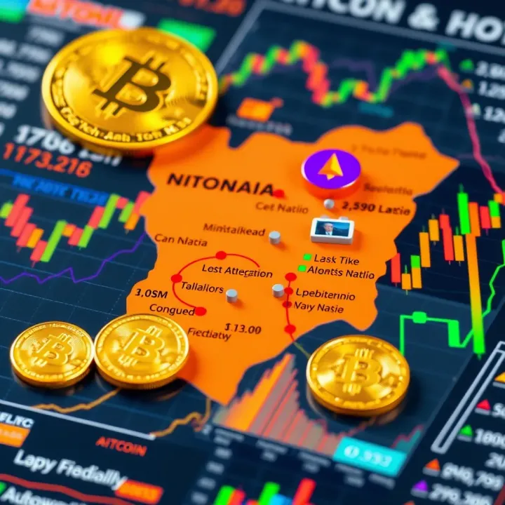 Map of Nigeria with cryptocurrency symbols and financial analytics graphics