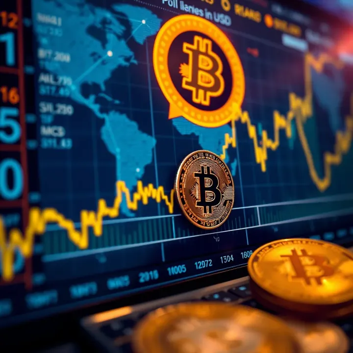 Graph showing the fluctuation of Bitcoin price in US dollars over time against a background of global financial indicators