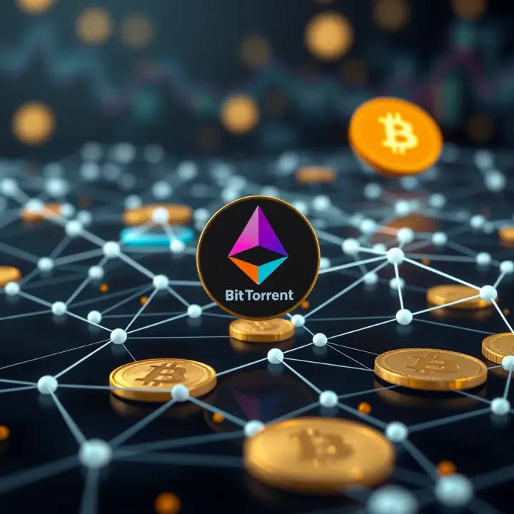 Conceptual illustration of blockchain network connectivity and digital currency symbols