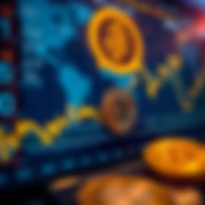Graph showing the fluctuation of Bitcoin price in US dollars over time against a background of global financial indicators