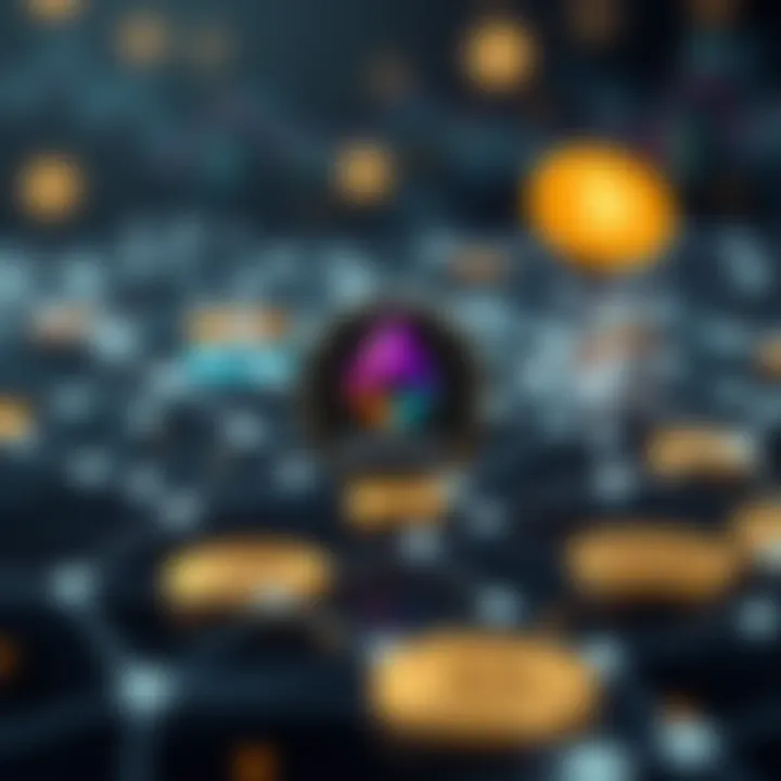 Blockchain Network and Digital Currency Overview Conceptual illustration of blockchain network connectivity and digital currency symbols