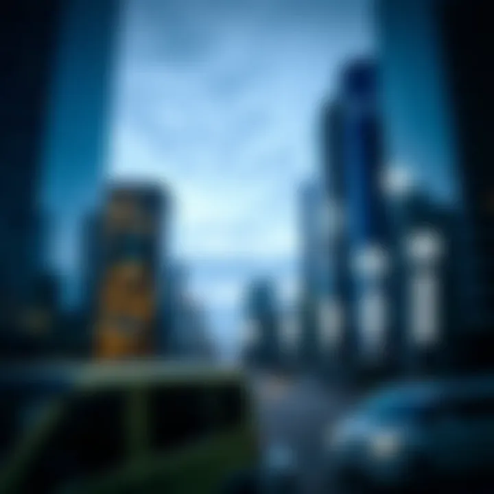 Urban skyline with modern buildings and digital social media icons illustrating online business growth