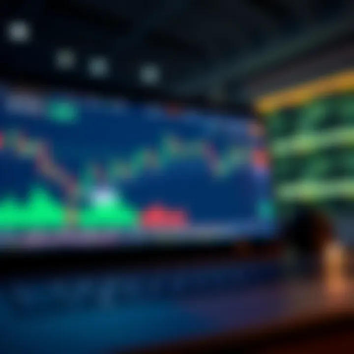 Illustration of a digital trading platform interface displaying market charts and data analytics