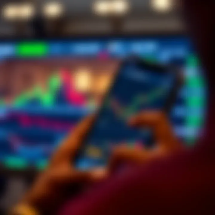 User navigating a mobile trading app interface with charts and market data