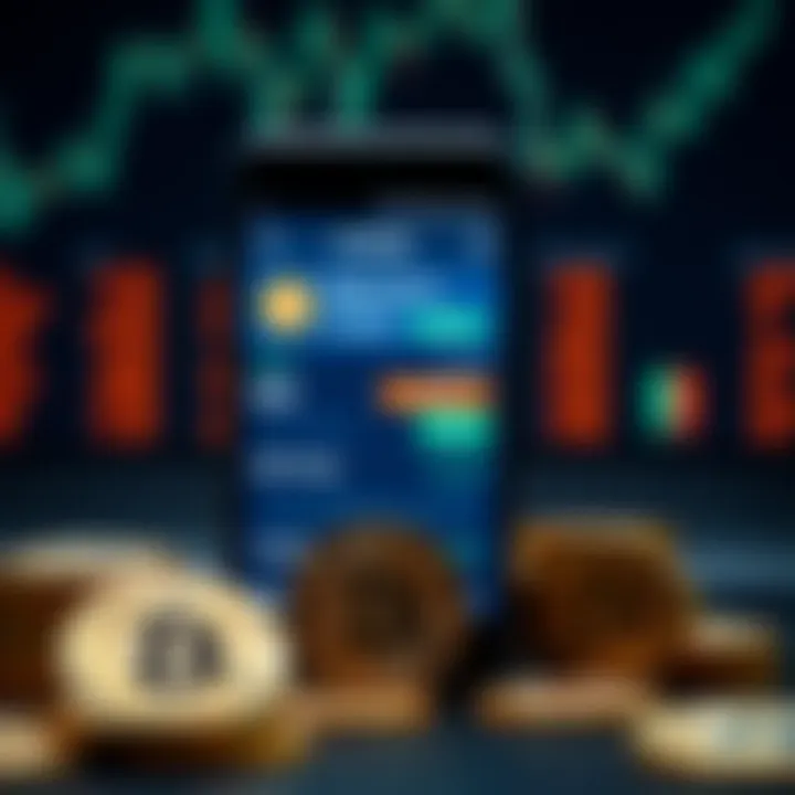 Digital representation of Bitcoin coins and a smartphone displaying a cryptocurrency exchange interface