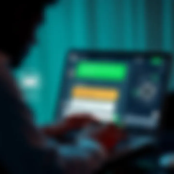 Illustration of a trader using Deriv live chat on a laptop with icons representing quick troubleshooting and real-time assistance