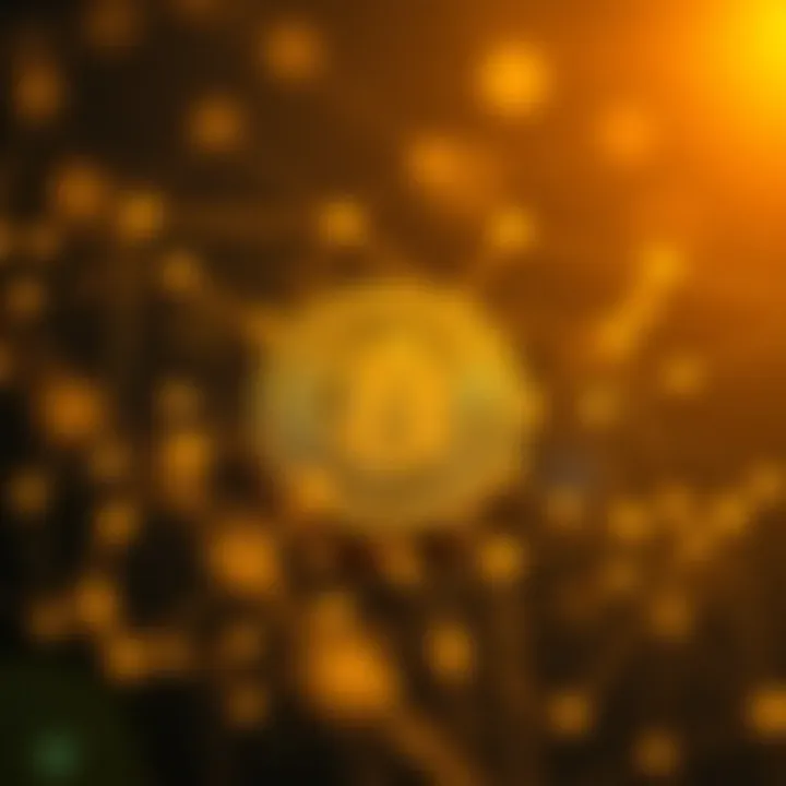 Illustration of a digital coin with Dogecoin logo surrounded by global network nodes representing community and market connections
