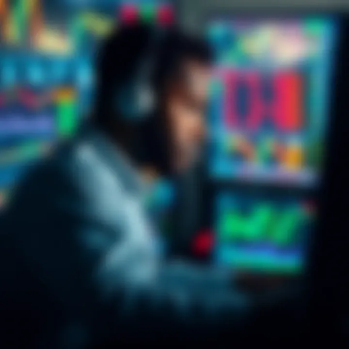 Conceptual representation of forex trader analyzing financial data on multiple screens