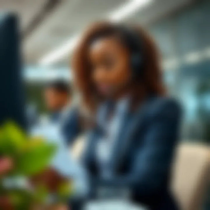 Customer support professional assisting with forex trading inquiries in a modern office environment