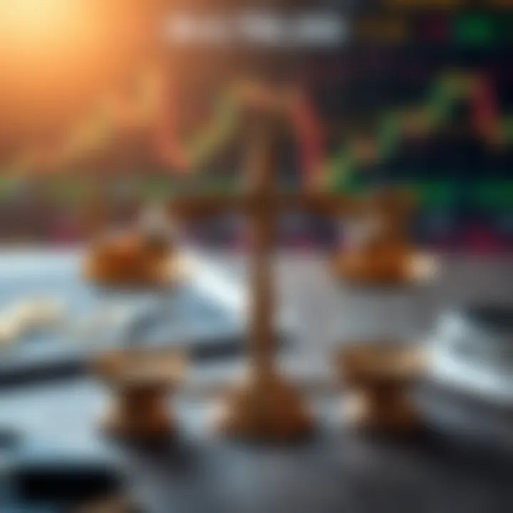Risk management concept showing balanced scales with currency symbols and trading tools
