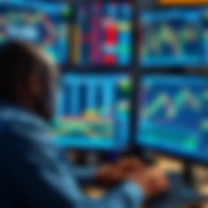Nigerian forex trader analyzing market trends and currency charts on multiple screens