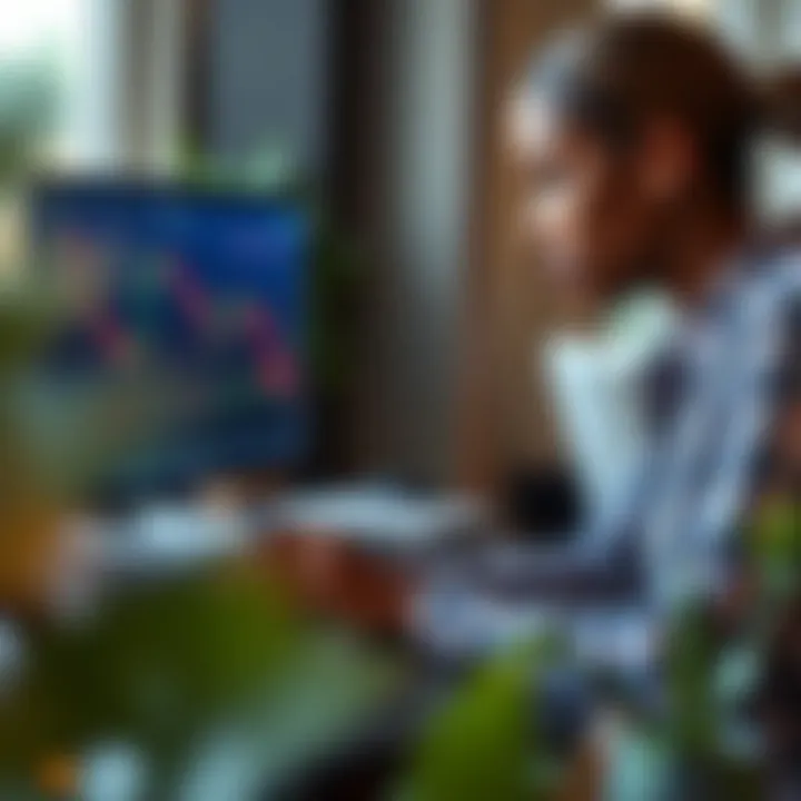 Female forex trader analyzing financial charts on a laptop with Instagram interface visible on the screen