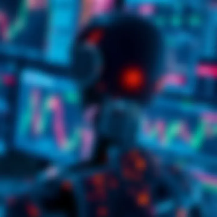 Abstract representation of artificial intelligence algorithms analyzing financial data on multiple screens