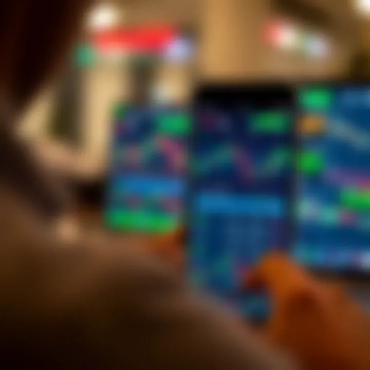 Mobile device displaying binary trading app interface with market charts and trading options