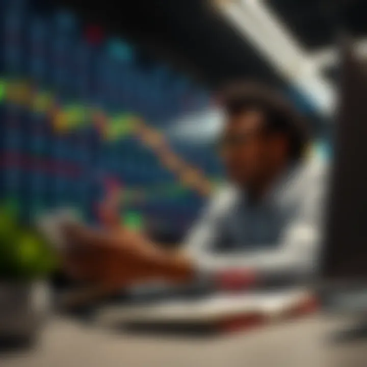 Graphical representation of a trader analyzing market data with digital financial charts in the background