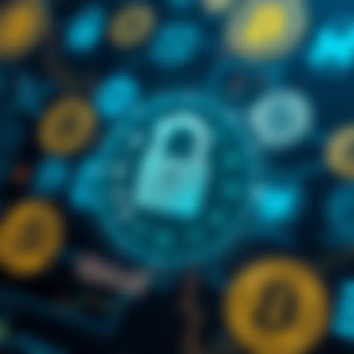 Secure digital lock symbol overlaying a background of cryptocurrency icons representing advanced security measures on Upbit Exchange