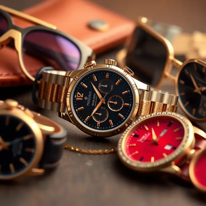 Close-up of a luxury watch and designer accessories symbolizing wealth and success