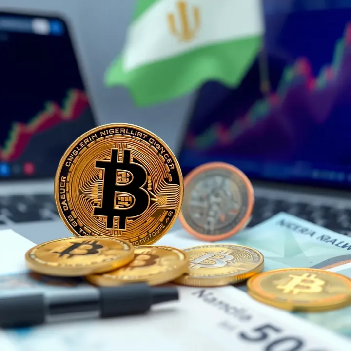 Illustration of cryptocurrency symbols with Nigerian currency and market indicators