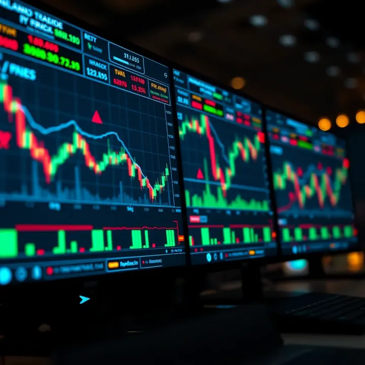 Illustration showing a digital trading platform with charts and financial data on screen