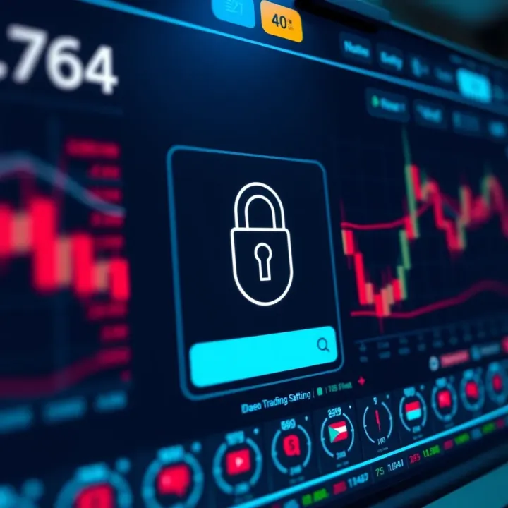 Secure Trading Platform Dashboard Highlighting Safety Features Secure online trading platform dashboard with lock symbol and currency icons
