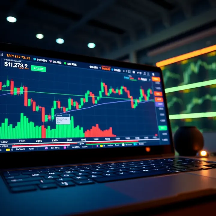 Illustration of a digital trading platform interface displaying market charts and data analytics