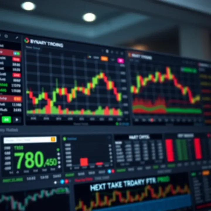 Dashboard of a binary options trading platform showing various asset charts and trading options