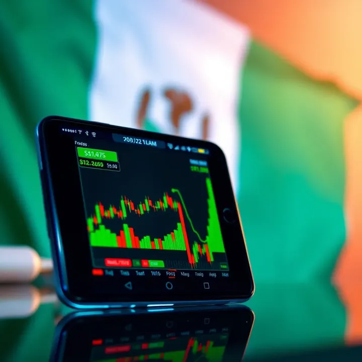 Mobile device displaying forex trading charts and analytics with Nigerian flag in the background