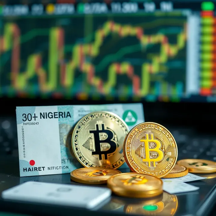 Conceptual illustration of secure digital currency transactions with Nigerian Naira and Bitcoin symbols