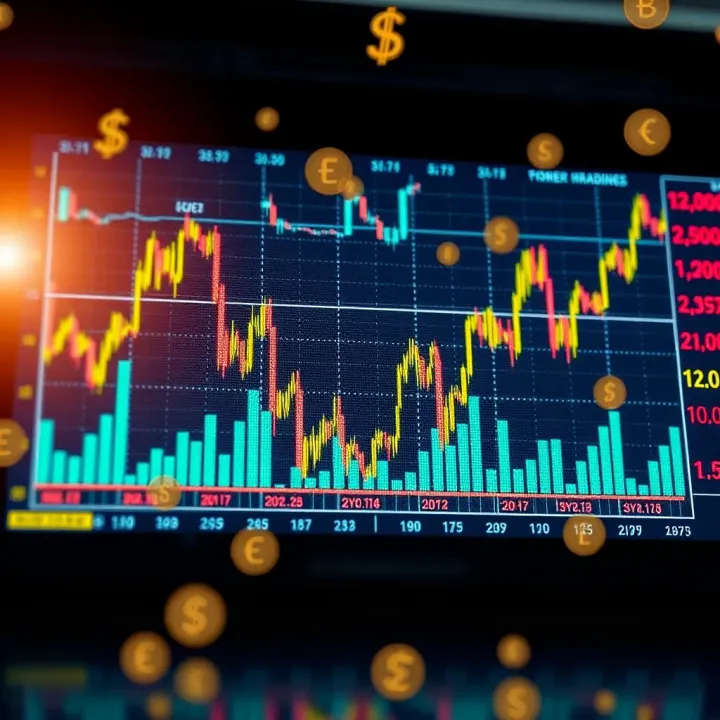 Currency Market Trends and Exchange Symbols Visual representation of currency symbols and charts depicting market trends and fluctuations