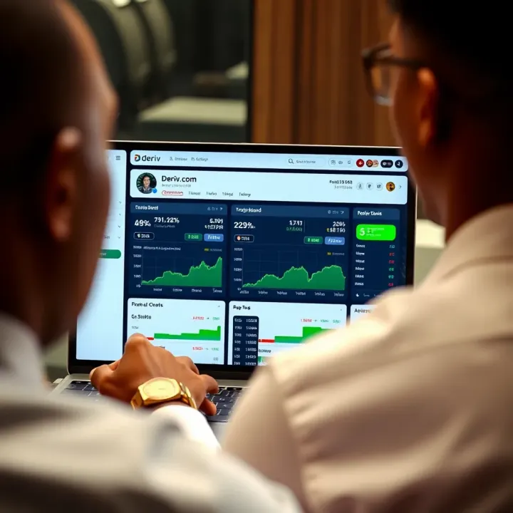 Dashboard interface of Deriv.com app showing trading options and market charts