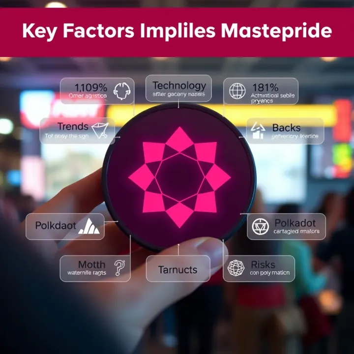 Graphic illustrating the factors influencing Polkadot's market price including technology, trends, and risks