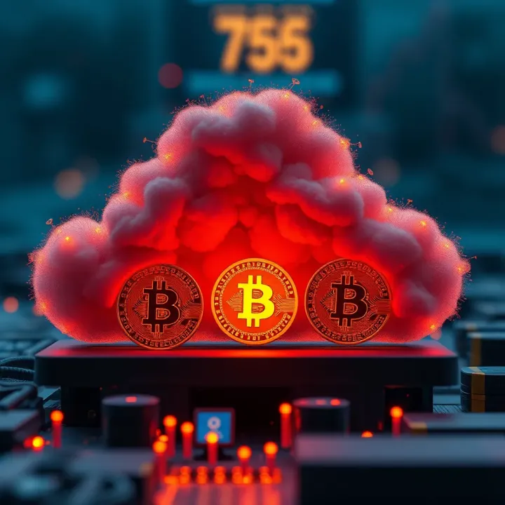 Digital representation of cloud computing with cryptocurrency mining symbols