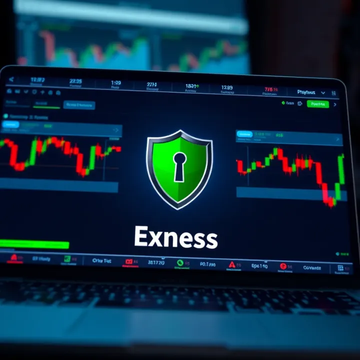 Secure Login and Safety Features of Exness Platform Illustration of a secure login screen with cybersecurity shield icon representing safe trading environment