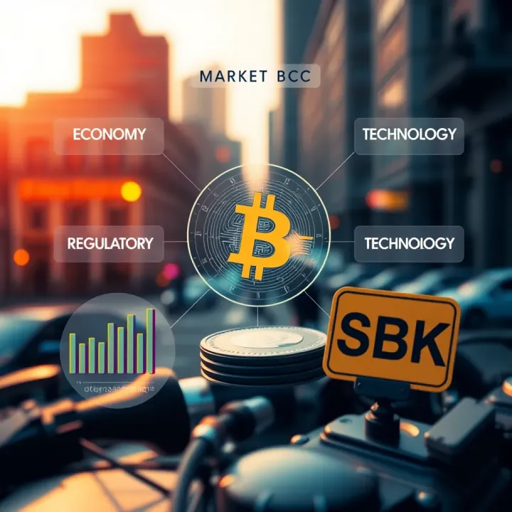 Visual representation of factors like economy, regulations, and technology impacting Bitcoin value