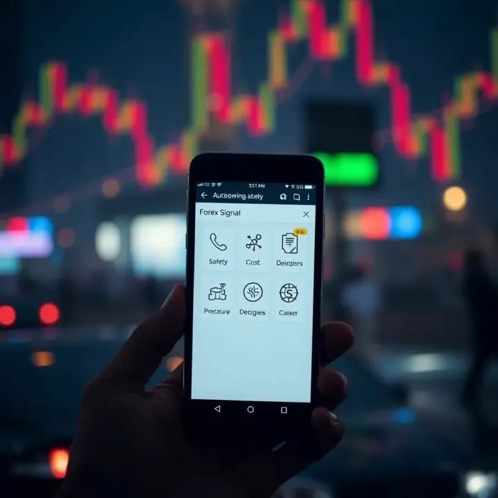 Mobile Forex Signal Alerts Highlighting Safety and Cost Features Illustration of a mobile phone displaying forex signal alerts with safety and cost icons
