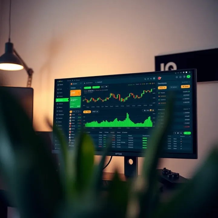 Computer setup showing IQ Option platform dashboard with trading statistics and account information