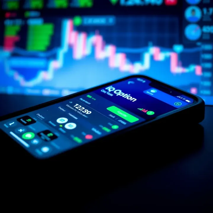 IQ Option Trading Application Interface on Mobile Device Smartphone screen displaying IQ Option trading app interface with charts and trading options