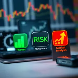 Financial Strategy with Risk Management and Market Analysis Icons Conceptual graphic of financial strategy with icons representing risk management and market analysis
