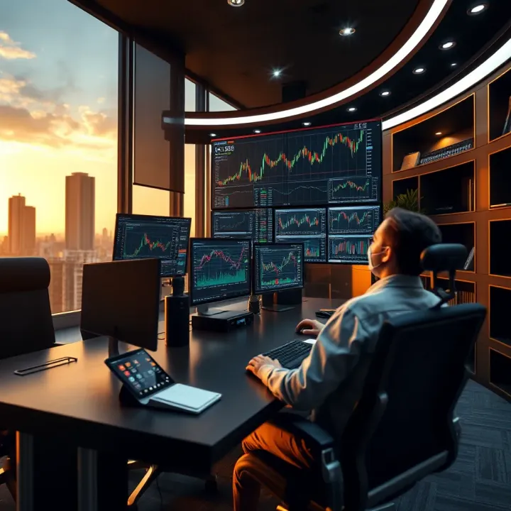 Luxurious office with multiple trading screens displaying forex charts and market data