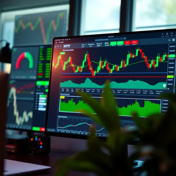 Screenshot of Quotex trading platform interface showing various financial charts and tools