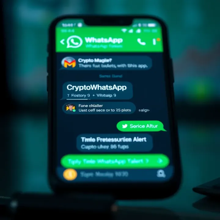 WhatsApp Chat Featuring Cryptocurrency Discussions and Alerts Mobile phone screen displaying a WhatsApp chat with cryptocurrency discussion and alerts