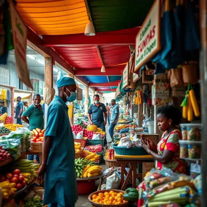 Vibrant Trade at Kwakol Market Stalls Bustling Kwakol Market with colorful stalls displaying fresh produce and local goods
