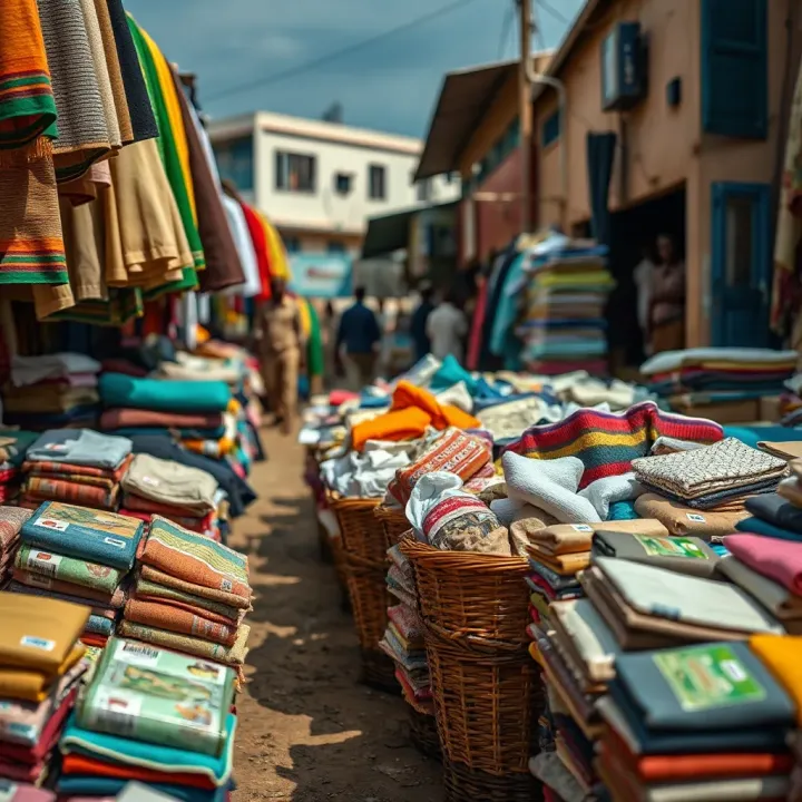 Wide variety of goods including textiles, household items, and imported products arranged in Kwakol Market