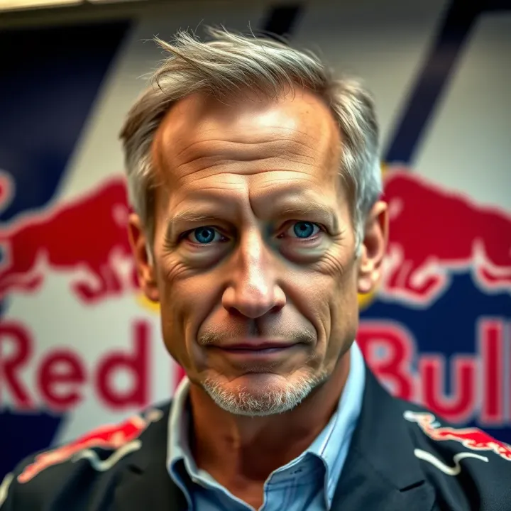 Portrait of Mark Mateschitz with a backdrop of Red Bull brand elements