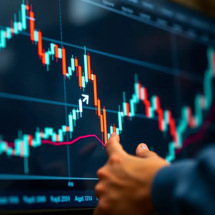 Graph depicting upward trend lines and candlestick patterns illustrating market analysis