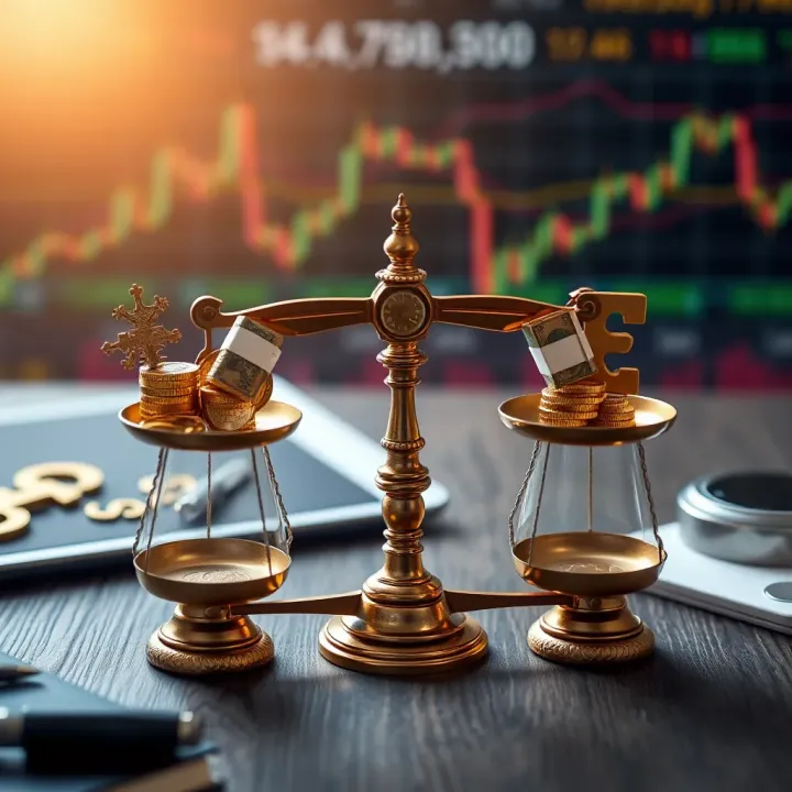 Risk management concept showing balanced scales with currency symbols and trading tools